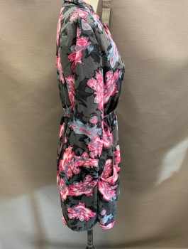Womens, Dress, Long & 3/4 Sleeve, AQUA, Pink, Gray, White, Black, Lt Gray, Polyester, Floral, XS, Surplus CF, with Tie Bk Closure, Pockets.