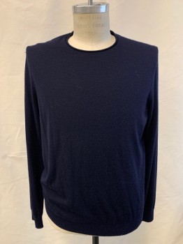 Mens, Pullover Sweater, VINCE, Navy Blue, Wool, Cashmere, Solid, 40, M, L/S, CN, With Rolled Edge
