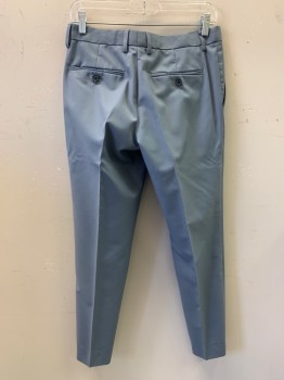 TOPMAN, Blue-Gray, Polyester, Viscose, Solid, Slim, Flat Front, Front Slash Pockets, Both Rear Pockets Have Button Closure