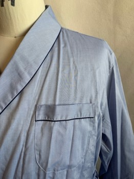 Mens, Bathrobe, BROOKS BROTHERS, Lt Blue, Navy Blue, Cotton, Solid, L, Shawl Lapel, Tie Closure at Waist, 3 Pockets, Cuffed Sleeves, Navy Pipe Trim, Matching Tie, MULTIPLES