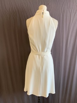 TOMMY HILFIGER, White, Synthetic, Solid, Pleated Stand Collar, Slvls, Tie Belt, Aline Skirt, Hem At Knee