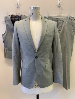 Mens, Suit, Jacket, TOPMAN, Gray, Polyester, Solid, 36R, 1 Button, Flap Pockets, Single Vent