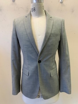 Mens, Suit, Jacket, TOPMAN, Gray, Polyester, Solid, 36R, 1 Button, Flap Pockets, Single Vent