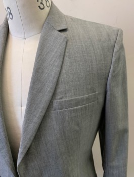 Mens, Suit, 3 Pieces, NL, Gray, Wool, Solid, 36L, 2 Button, Flap Pockets, Rounded Lapel , Single Vent