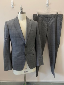 ZEGNA, Gray, Wool, Heathered, Plaid, Single Breasted, 2 Bttns, Notched Lapel, 3 Pckts, 2 Back Vents, Micro Plaid