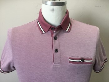 TED BAKER, Dusty Rose Pink, Mauve Pink, Black, Cream, Modal, Polyester, Heathered, Stripes - Horizontal , Heather Dusty Rose, Mauve with Black & Cream Stripes Collar Attached, 1 Pocket Trim, Short Sleeves Cuffs, 3 Button Front,
