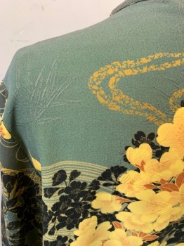 CITRON, Dk Gray, Gray, Dusty Green, Yellow, Brown, Silk, Floral, Long Sleeves, Button Front, Mandarin/Nehru Collar, Floral Embossed Texture