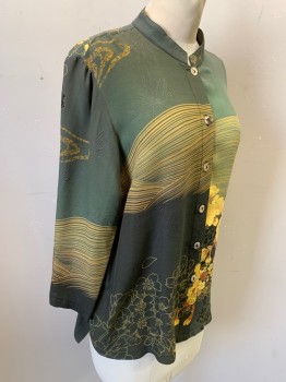 Womens, Blouse, CITRON, Dk Gray, Gray, Dusty Green, Yellow, Brown, Silk, Floral, M, Long Sleeves, Button Front, Mandarin/Nehru Collar, Floral Embossed Texture