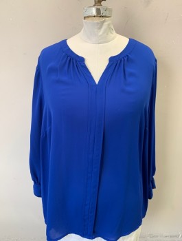 Womens, Blouse, LIZ CLAIBORNE, Royal Blue, Polyester, Solid, 3X, Chiffon, Long Sleeves, Notched Neckline with Vertical Pleat Down Center Front, Pullover