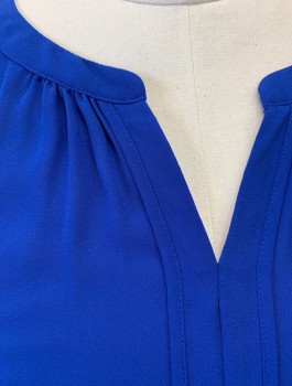 Womens, Blouse, LIZ CLAIBORNE, Royal Blue, Polyester, Solid, 3X, Chiffon, Long Sleeves, Notched Neckline with Vertical Pleat Down Center Front, Pullover