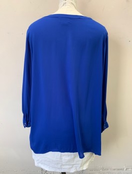 LIZ CLAIBORNE, Royal Blue, Polyester, Solid, Chiffon, Long Sleeves, Notched Neckline with Vertical Pleat Down Center Front, Pullover