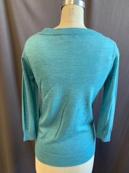 Womens, Pullover Sweater, J. CREW, Aqua Blue, Wool, Heathered, S, Ribbed Knit Scoop Neck, 3/4 Sleeve, Ribbed Knit Waistband/Cuff