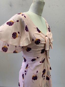Womens, Dress, Short Sleeve, CINQ A SEPT, Lt Pink, Purple, Goldenrod Yellow, Silk, Floral, B 30, Sz.2, W 26, Chiffon, Flutter Sleeves, V-Neck With 3 Dimensional Bow, Ruched At CF Waist, Ruffled High/Low Hem, Mid Calf Length