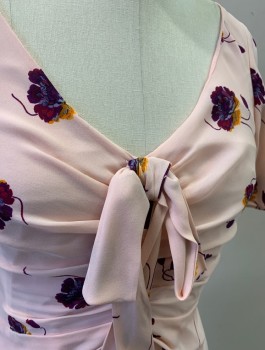 Womens, Dress, Short Sleeve, CINQ A SEPT, Lt Pink, Purple, Goldenrod Yellow, Silk, Floral, B 30, Sz.2, W 26, Chiffon, Flutter Sleeves, V-Neck With 3 Dimensional Bow, Ruched At CF Waist, Ruffled High/Low Hem, Mid Calf Length