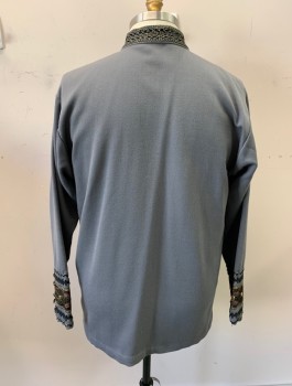 MTO, Gray, Black, Gold Metallic, Silver Metallic, Poly/Cotton, Solid, Band Collar, V-N, 10 Bronze Buttons Down Front and Cuffs, L/S, Gold, Black, and Silver Trim at Neck and Cuffs,