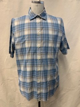 JOS A BANK, Blue, White, Brown, Green, Cotton, Plaid, S/S, Button Front, Collar Attached, Chest Pocket