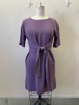 Womens, Dress, Short Sleeve, H&M, Mauve Purple, Polyester, Solid, W40, B 40, H40, Pull On, Sheath, Round Neck, Short Sleeves, Belt Attached,  Crepe Back Satin,