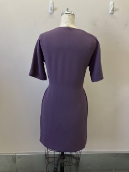 Womens, Dress, Short Sleeve, H&M, Mauve Purple, Polyester, Solid, W40, B 40, H40, Pull On, Sheath, Round Neck, Short Sleeves, Belt Attached,  Crepe Back Satin,