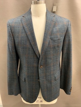 Mens, Sportcoat/Blazer, PROSSIMO, Green, Navy Blue, Sienna Brown, Wool, Plaid, 42R, Single Breasted, 2 Buttons, 3 Pockets, Notched Lapel, Double Vent