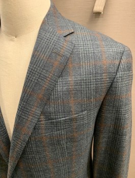 Mens, Sportcoat/Blazer, PROSSIMO, Green, Navy Blue, Sienna Brown, Wool, Plaid, 42R, Single Breasted, 2 Buttons, 3 Pockets, Notched Lapel, Double Vent