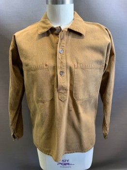 Mens, Historical Fiction Shirt, N/L, Tan Brown, Cotton, 42, Pullover, 3 Silver Buttons, 2 Patch Pockets, Canvas, C.A., Aged/Distressed with Stains