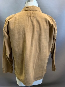 Mens, Historical Fiction Shirt, N/L, Tan Brown, Cotton, 42, Pullover, 3 Silver Buttons, 2 Patch Pockets, Canvas, C.A., Aged/Distressed with Stains