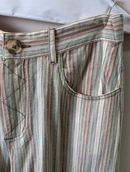 URBAN OUTFITTERS, Salmon Pink, Lt Green, Multi-color, Viscose, Linen, Stripes, CARGO, 8 Pockets, Zip Fly, Off White, Faded Brown