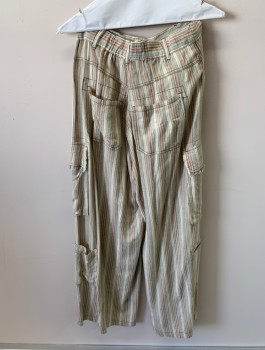 Womens, Pants, URBAN OUTFITTERS, Salmon Pink, Lt Green, Multi-color, Viscose, Linen, Stripes, 25, CARGO, 8 Pockets, Zip Fly, Off White, Faded Brown