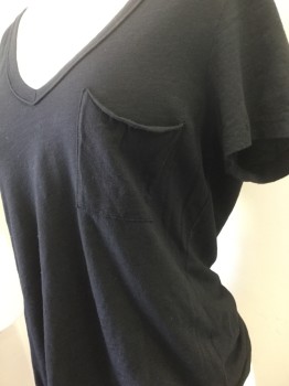 ANTHROPOLOGIE, Black, Cotton, Solid, Black, Large V-neck, Cap Sleeves, 1 Pocket