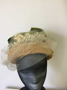 MTO, Lt Brown, Cream, Green, Straw, Silk, Finely Woven Straw, Rolled Brim Hat, Cream Silk Small Flowers And Green Leaves, Green Silk Bow, Cream Mesh Wrap,