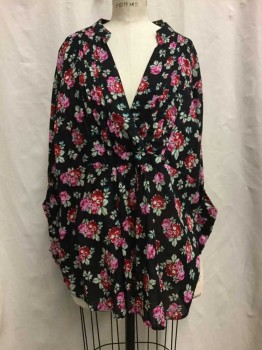 TORRID, Black, Pink, Red, Green, Teal Green, Cotton, Floral, Black with Pink/red/green/teal Green Floral Print, V-neck, Pleated Bust, Long Sleeves,