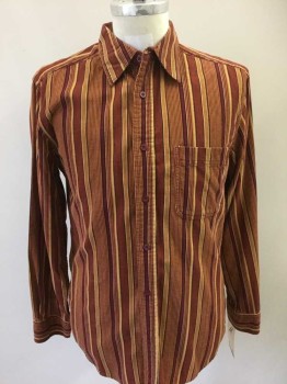 COVINGTON, Red, Burnt Orange, Yellow, Black, Cotton, Stripes - Vertical , Corduroy, Long Sleeves, Button Front, Collar Attached, 1 Pocket,