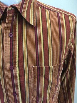 COVINGTON, Red, Burnt Orange, Yellow, Black, Cotton, Stripes - Vertical , Corduroy, Long Sleeves, Button Front, Collar Attached, 1 Pocket,
