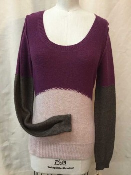Womens, Pullover, FP BEACH, Magenta Purple, Rose Pink, Brown, Wool, Color Blocking, XS, Scoop Neck, Long Sleeves, Seams on the Outside at Armholes