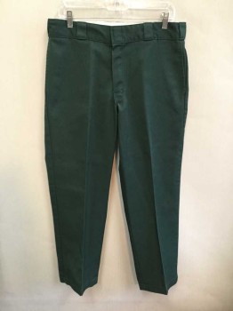 Mens, Casual Pants, Dickes, Forest Green, Polyester, Cotton, Solid, 29, 34, Flat Front, Zip Fly with Clasp Closure, Back Welt Pockets