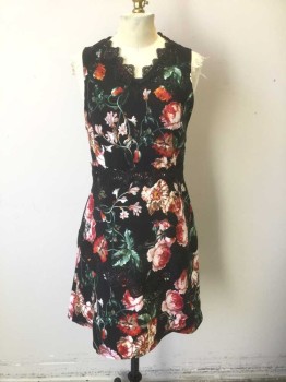 Womens, Dress, Sleeveless, CHELSEA 28, Black, Multi-color, Polyester, Floral, M, Sleeveless, Black Lace at Waistband, V-neck, and 10" Above Hem, A-Line Skirt, Hem Above Knee,  Invisible Zipper at Center Back, Peach Lining