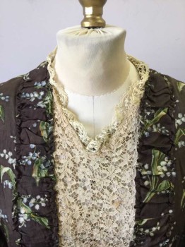 N/L, Dk Brown, Green, White, Lt Blue, Cotton, Floral, Womens Upper Class Day Dress, Batiste with Lily of the Valley Print. Rushed Neckline and Front Panel in Self with Beige Lace Panelled Center. Beige Lace Cuffs. Bow in Self at Center Front Waist, L/S, Fitted Bodice Reinforced with Cotton & Boning Inner Structure. Floor Length Dress. Skirt Gathered at Center Back with Self Belting. Slight Sun Damage to Shoulders. Lace Cuffs a Little Dirty at Hemline.