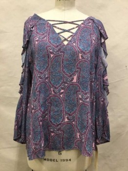 ANA, Pink, Lt Blue, Navy Blue, Gray, Rayon, Paisley/Swirls, Pink/ Lt Blue/ Navy/ Gray Paisley Print, V-neck with Criss Cross Strap Detail, Long Sleeves with Ruffle Down Arm
