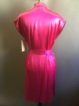 MONTGOMERY WARD, Fuchsia Pink, Black, Polyester, Solid, Stand Collar, Chinese Inspired Front Closure, Cap Sleeve, Black Piping, Side Slits, Knee Length Belt Loops, Tie Belt