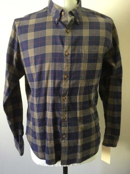 J CREW, Navy Blue, Red, Lt Brown, Cotton, Plaid, Plaid Flannel, Button Front, Collar Attached, Long Sleeves, Button Down, 1 Pocket