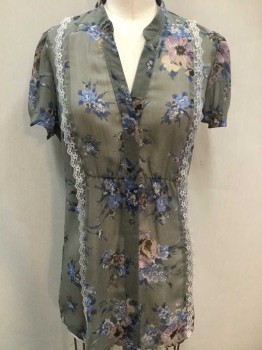 LOVE SQUARED, Gray, Periwinkle Blue, Lavender Purple, Black, Blue, Polyester, Floral, Gray with Floral Pattern Sheer Chiffon, Short Sleeve Button Front, Band Collar, Gray Vertical Lace Stripe on Each Side of Front, Ruched at Center Front Waist and Sleeves