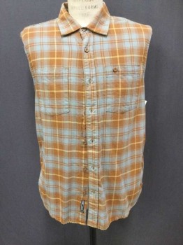 NIKE, Sienna Brown, Gray, Khaki Brown, Cotton, Plaid, Button Front, Collar Attached, Cut Off Sleeves, Flannel, 2 Pockets,