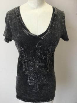 PARTY, Heather Gray, Black, Silver, Cotton, Polyester, Novelty Pattern, Mottled, (TRIPLE) Tops, Heather Black/gray Mottled W/crosses Print , Applique & Tiny Studs Work, Deep V-neck, Cap Sleeves