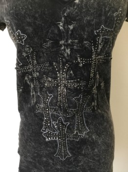 Womens, Top, PARTY, Heather Gray, Black, Silver, Cotton, Polyester, Novelty Pattern, Mottled, S, (TRIPLE) Tops, Heather Black/gray Mottled W/crosses Print , Applique & Tiny Studs Work, Deep V-neck, Cap Sleeves