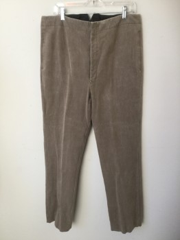 Mens, Historical Fiction Pants, MTO, Gray, Cotton, Polyester, Solid, 32, 36, Lightly Aged/distress Dirty Gray, Flat Front, Black Button Front, 1-1/2" Waistband, Chevron Waist Back, Triangle Cut Out with 2 Buttons & Adjustable Belt, 2 Fake Side Pocket Seams,