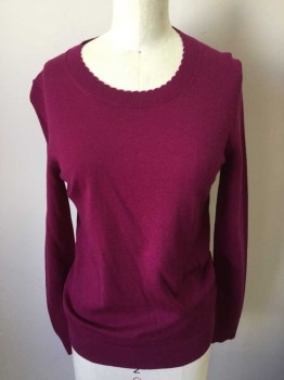 BANANA REPUBLIC, Raspberry Pink, Wool, Solid, Long Sleeves, Scallop Round Neck,