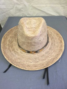 Mens, Cowboy Hat, Oatmeal Brown, Tan Brown, Brown, Silver, Heathered, Western Straw Hat with Leather Headband with Tan Horse Shoes at Center Front,