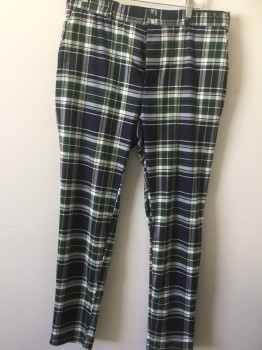 Mens, Casual Pants, ZARA, Multi-color, Royal Blue, Forest Green, White, Blue, Plaid-  Windowpane, 28, 34, Flat Front, Zip Fly, 4 Pockets