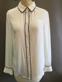 H&M, Off White, Black, Polyester, Solid, Crepe, Long Sleeve Button Front, Collar Attached, Black Piping Trim