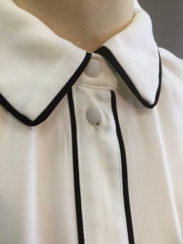 H&M, Off White, Black, Polyester, Solid, Crepe, Long Sleeve Button Front, Collar Attached, Black Piping Trim